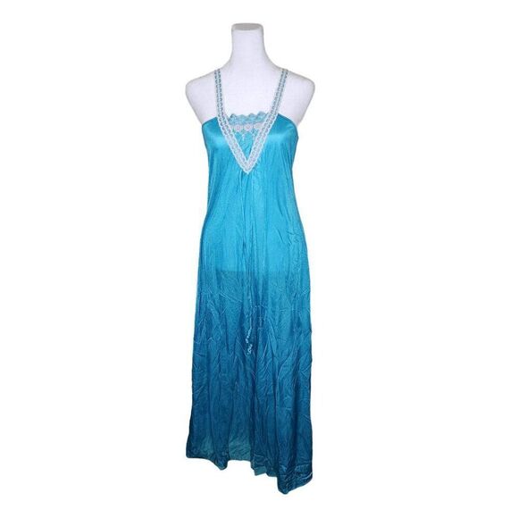 Undercover Wear Other - Vintage 70s Long Satin Lace Trim Night Gown Women Size S Turquoise Blue Nylon
